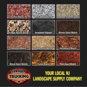 Various types of decorative stones and mulches arranged in a grid format.