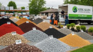 Bulk landscaping materials at Kirk Allen Landscape Supply with a delivery truck in a garden setting