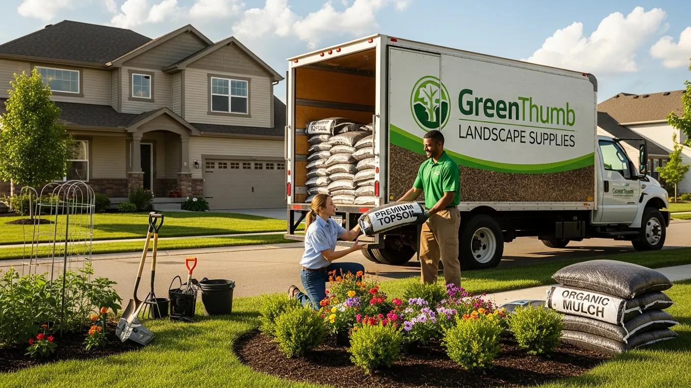 Delivery truck with landscape supply materials in a residential area