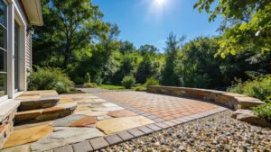 Beautiful outdoor patio showcasing flagstone, pavers, and crushed stone in a lush New Jersey setting