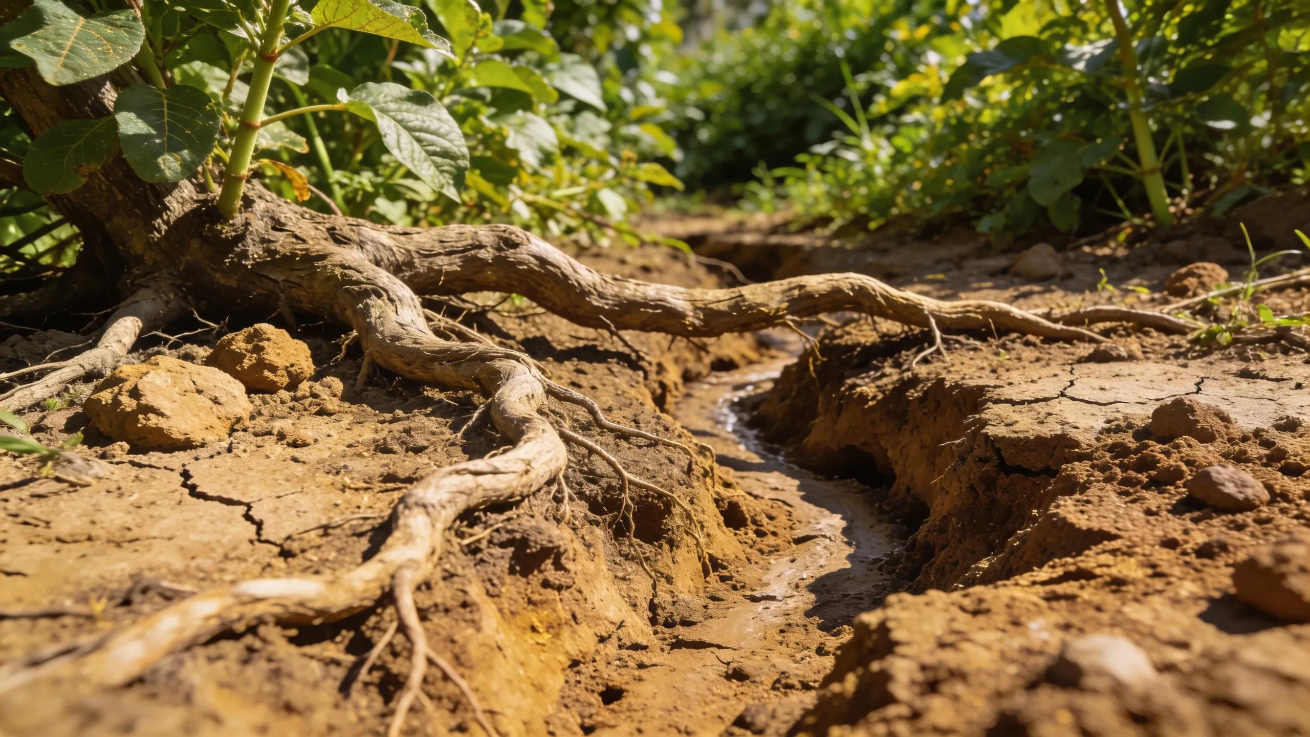 Signs of soil erosion in a yard with exposed roots and uneven ground