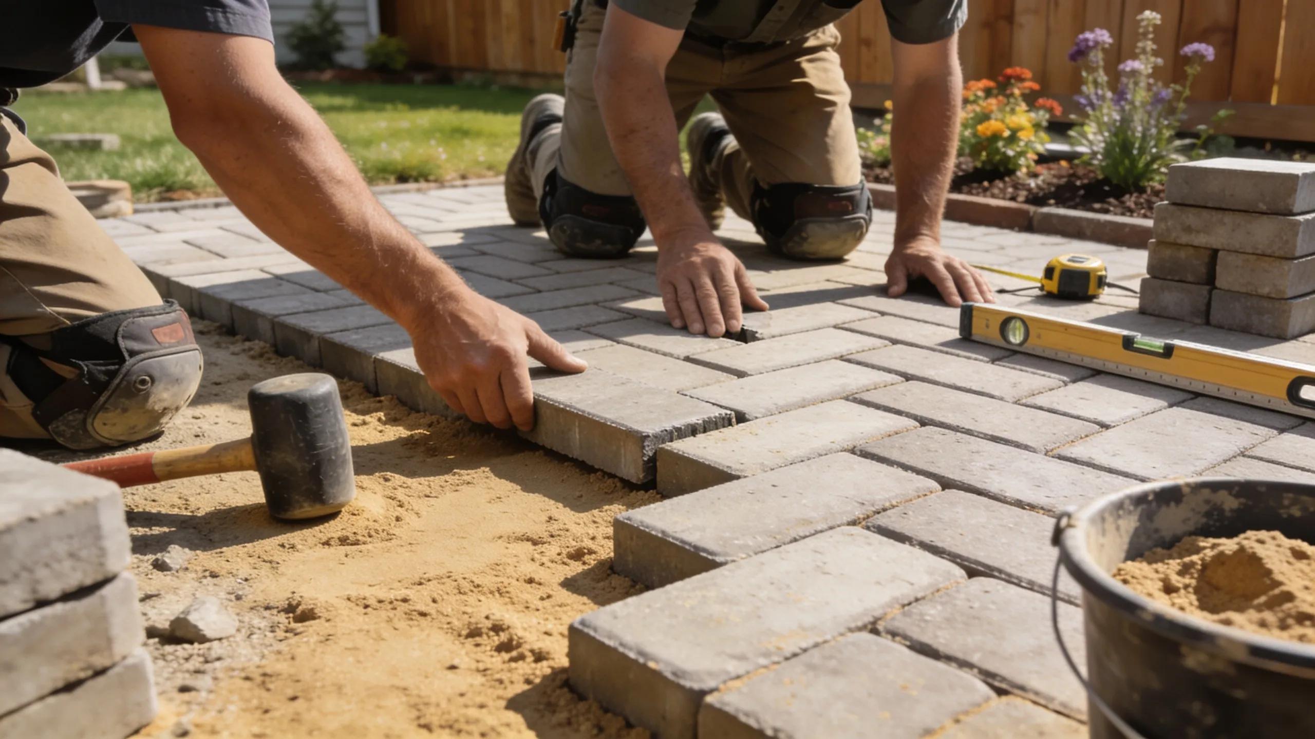 Workers installing a paver patio, showcasing the detailed process and creative patterns in an outdoor setting