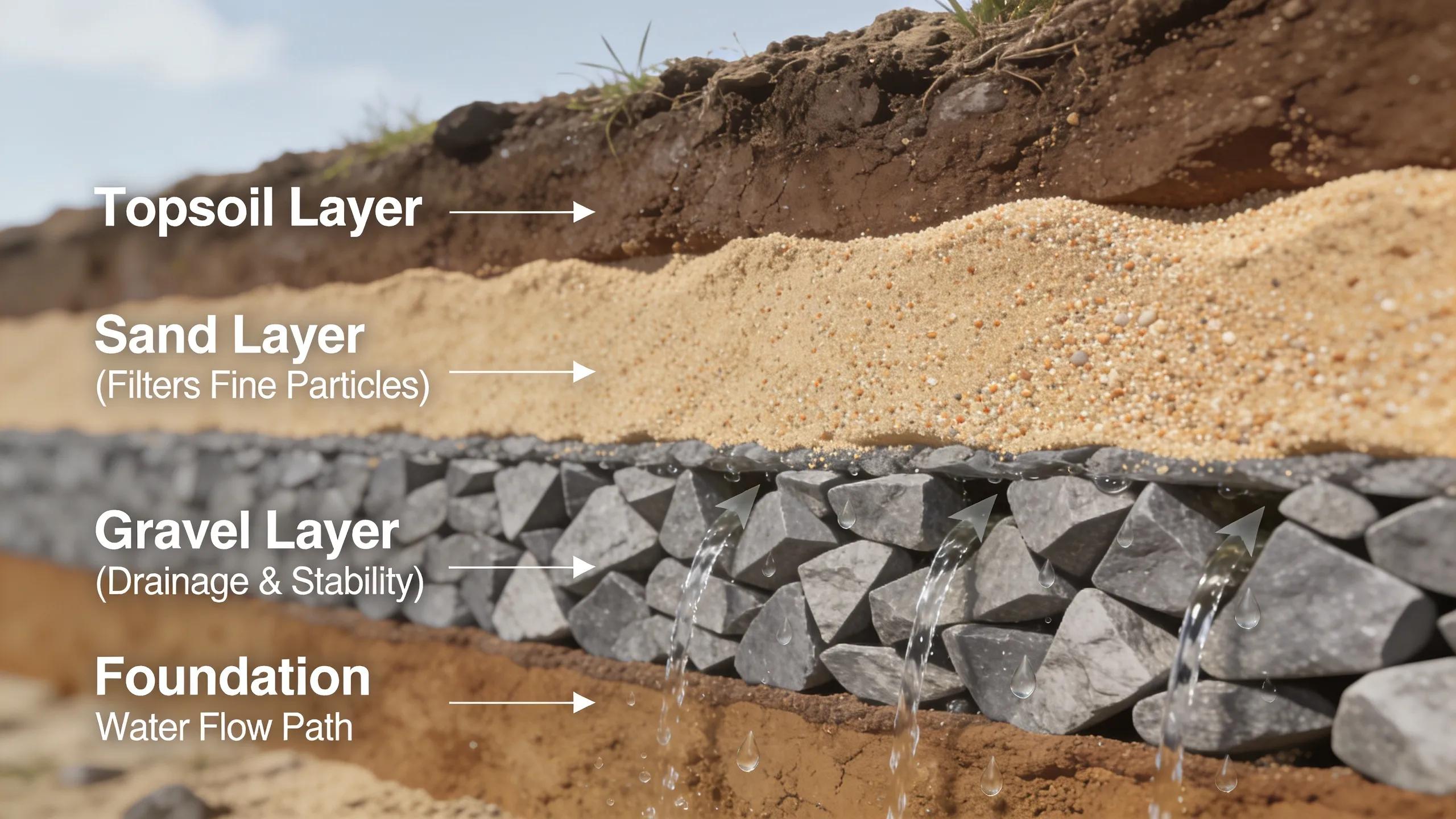 Cross-section of retaining wall showing gravel and sand layers for stability and drainage