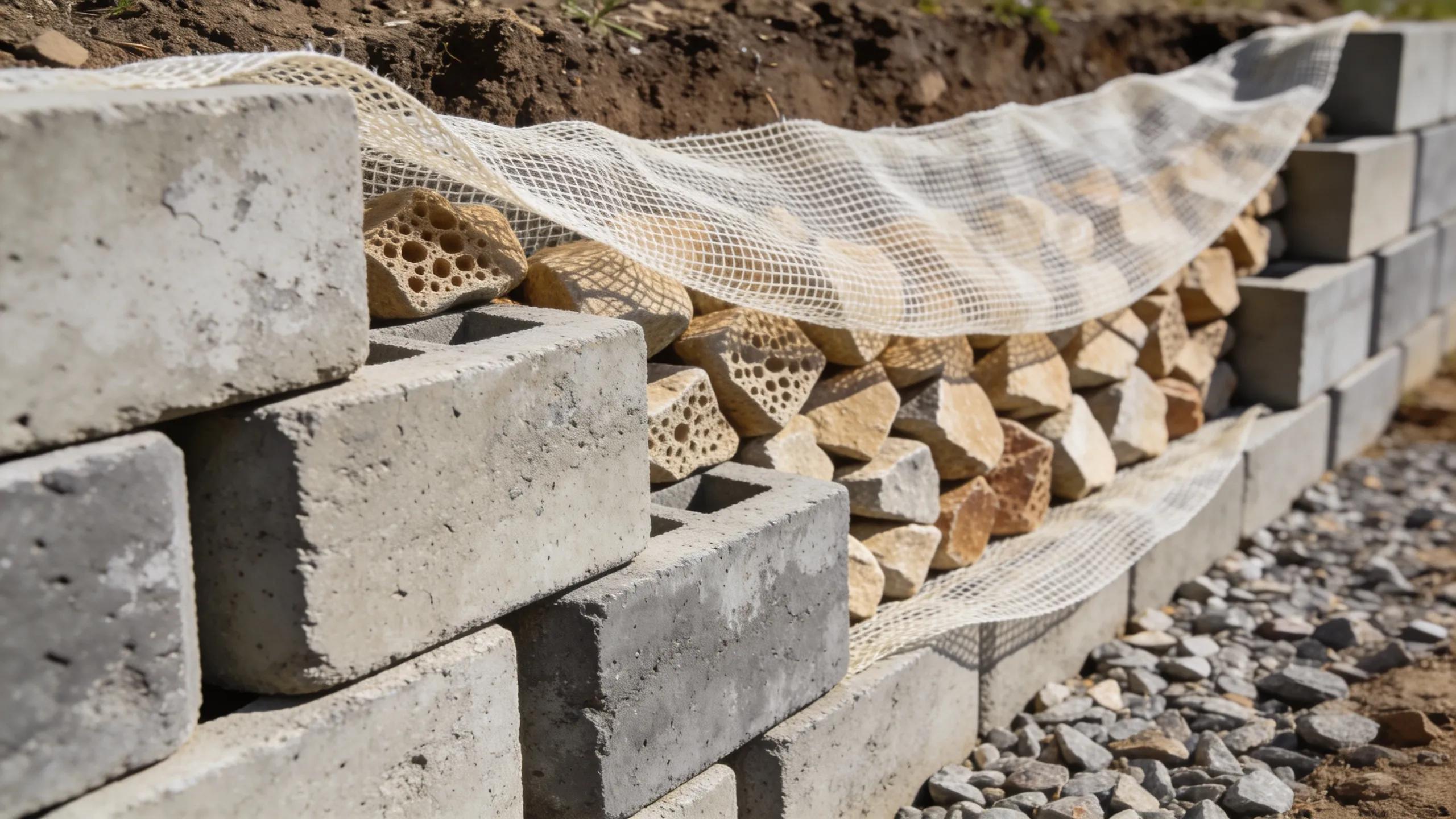 Materials for retaining wall construction including concrete blocks, drainage stones, and geotextile fabric