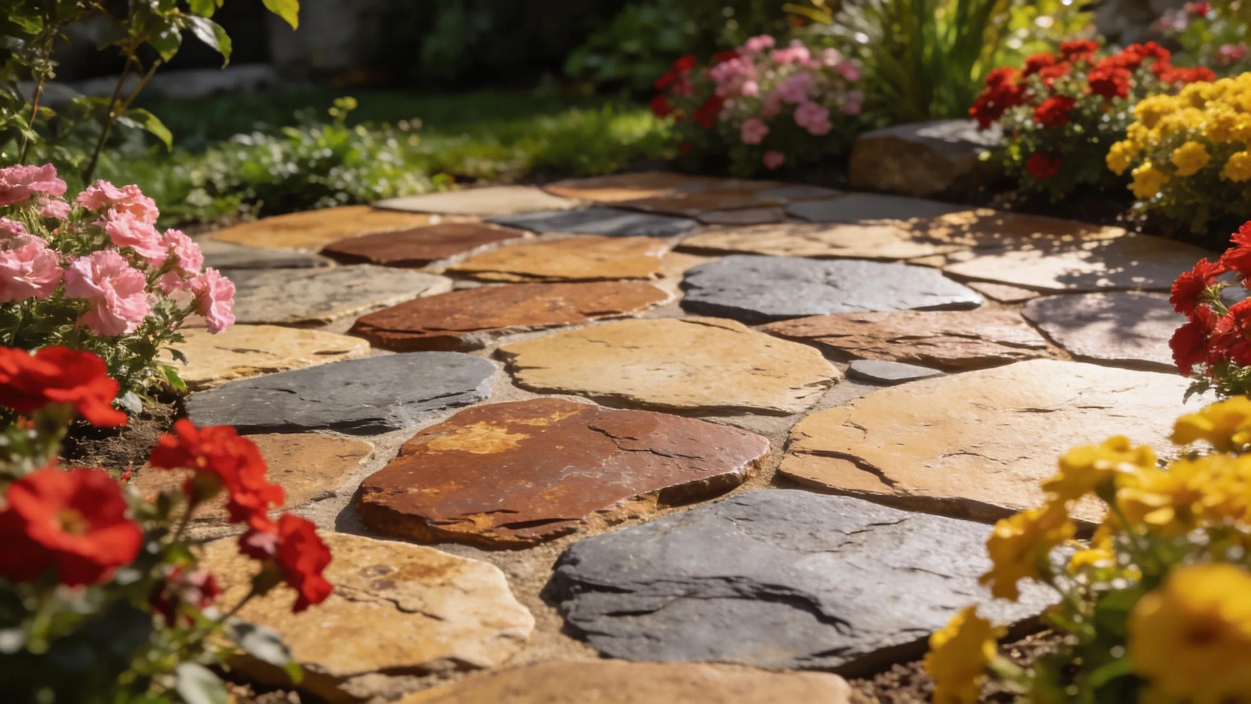 Irregularly shaped flagstone patio surrounded by colorful flowers and greenery, highlighting its natural beauty