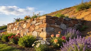 Landscaped yard with a natural stone retaining wall preventing soil erosion