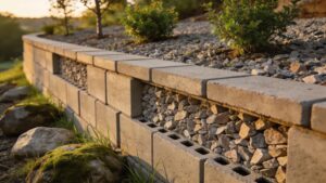 Gravel backfill behind a retaining wall illustrating effective drainage solutions