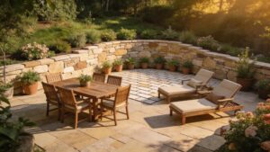 Outdoor patio with retaining wall featuring natural stone and pavers, surrounded by greenery