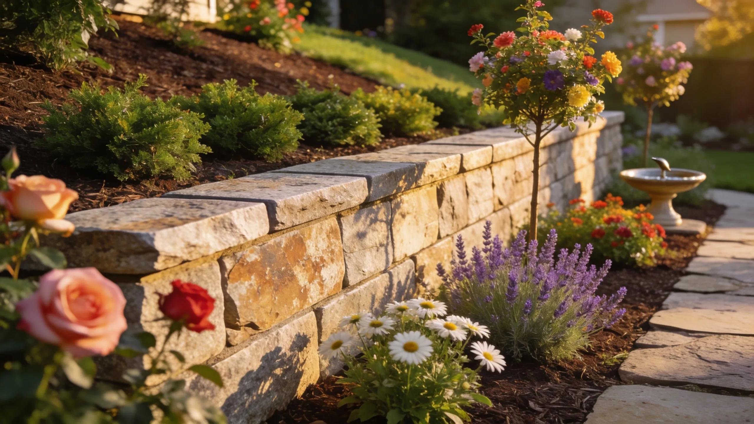 Durable granite retaining wall in a beautifully landscaped garden