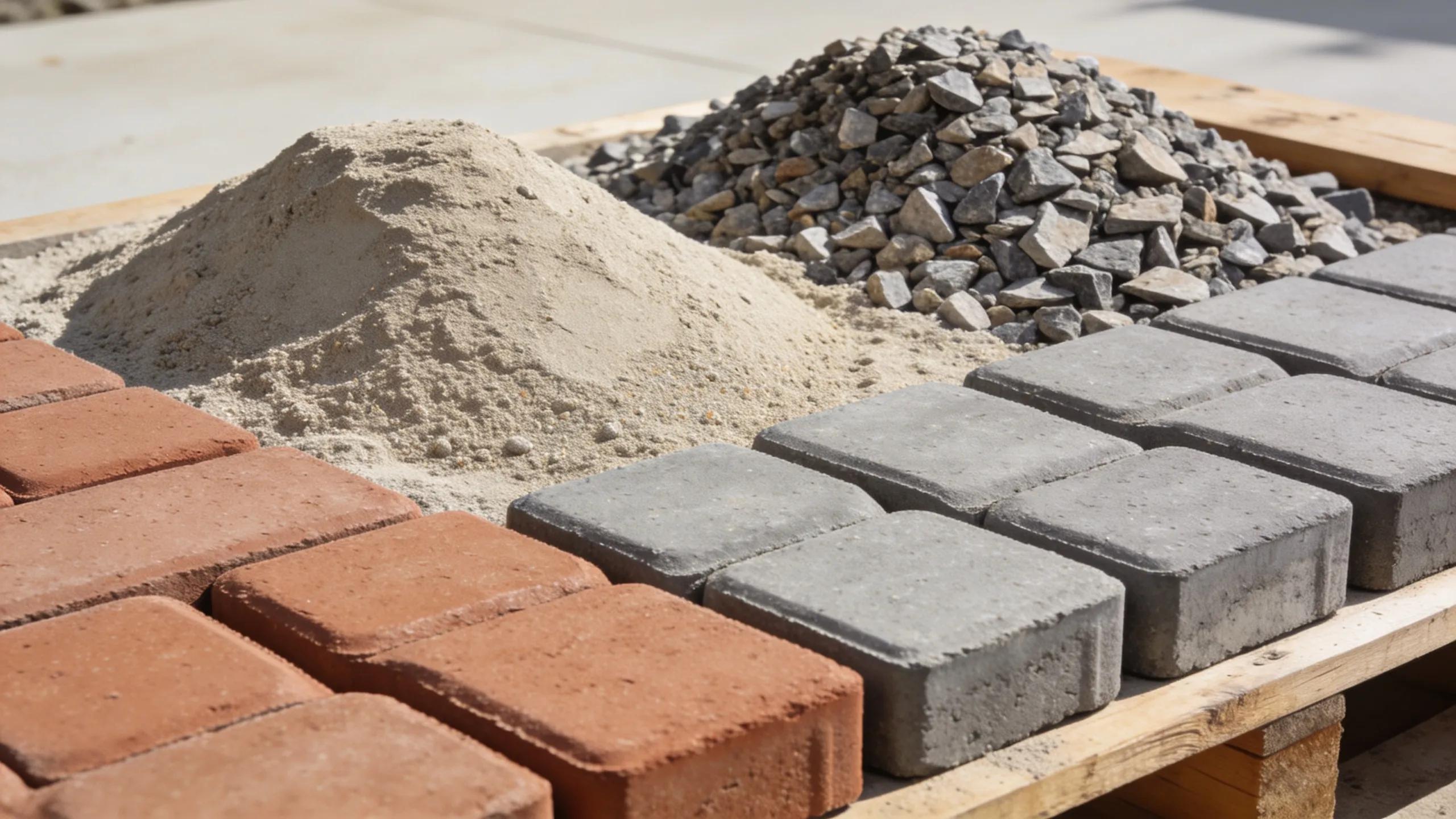 Essential materials for patio construction including pavers, concrete sand, and gravel