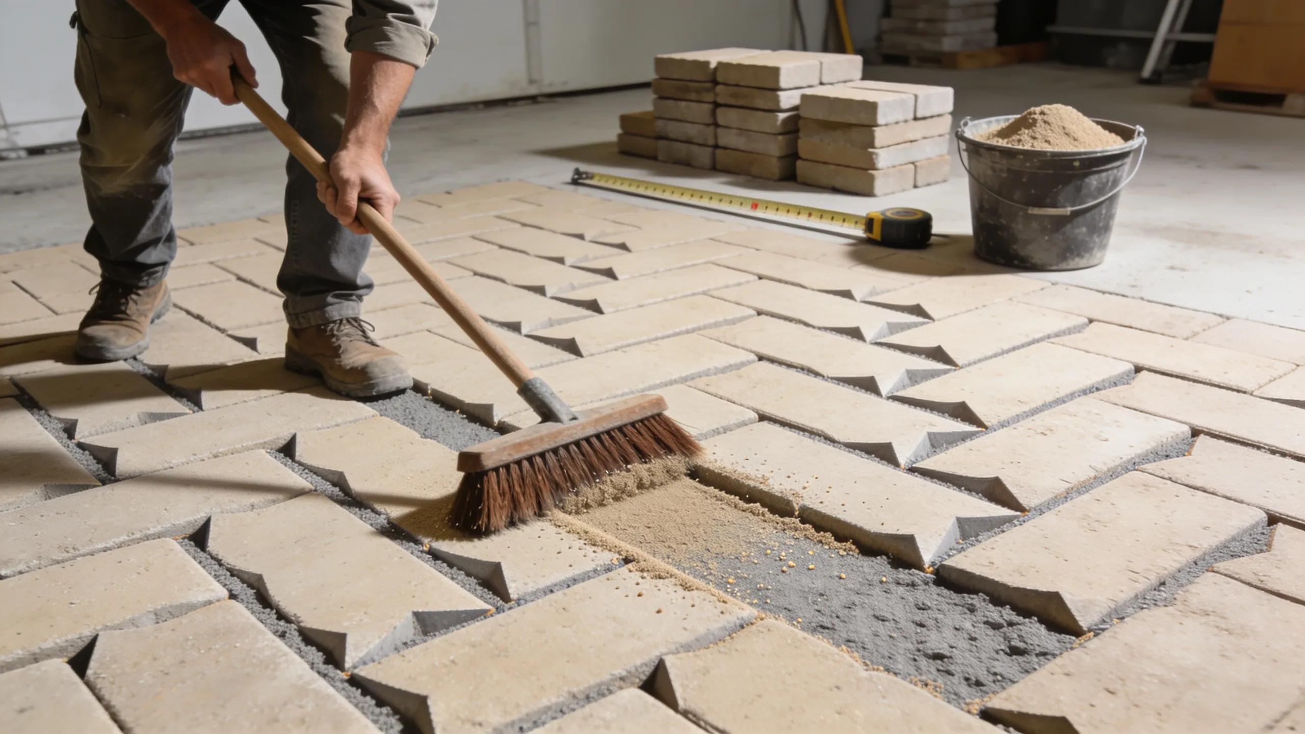 Person applying polymeric joint sand to paver joints with a broom