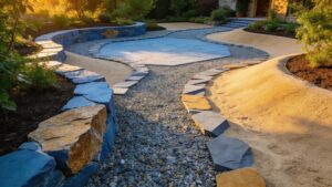 Hardscaping materials including stone, gravel, and sand in a landscaped garden