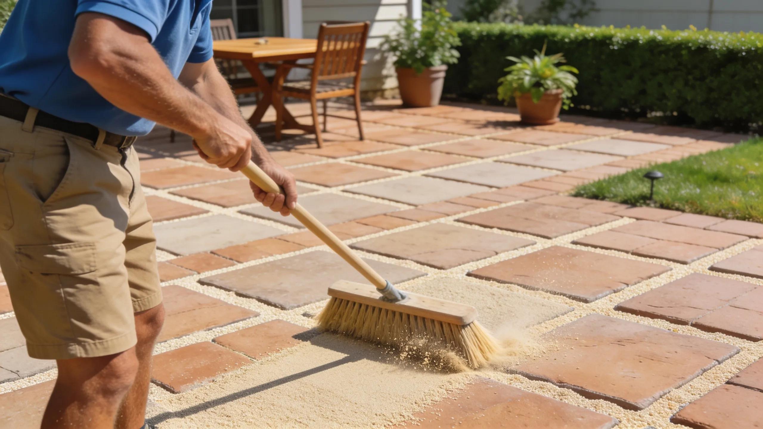 Homeowner maintaining patio pavers filled with polymeric joint sand