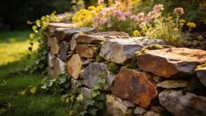 Unique flagstone retaining wall in a rustic outdoor setting with surrounding greenery