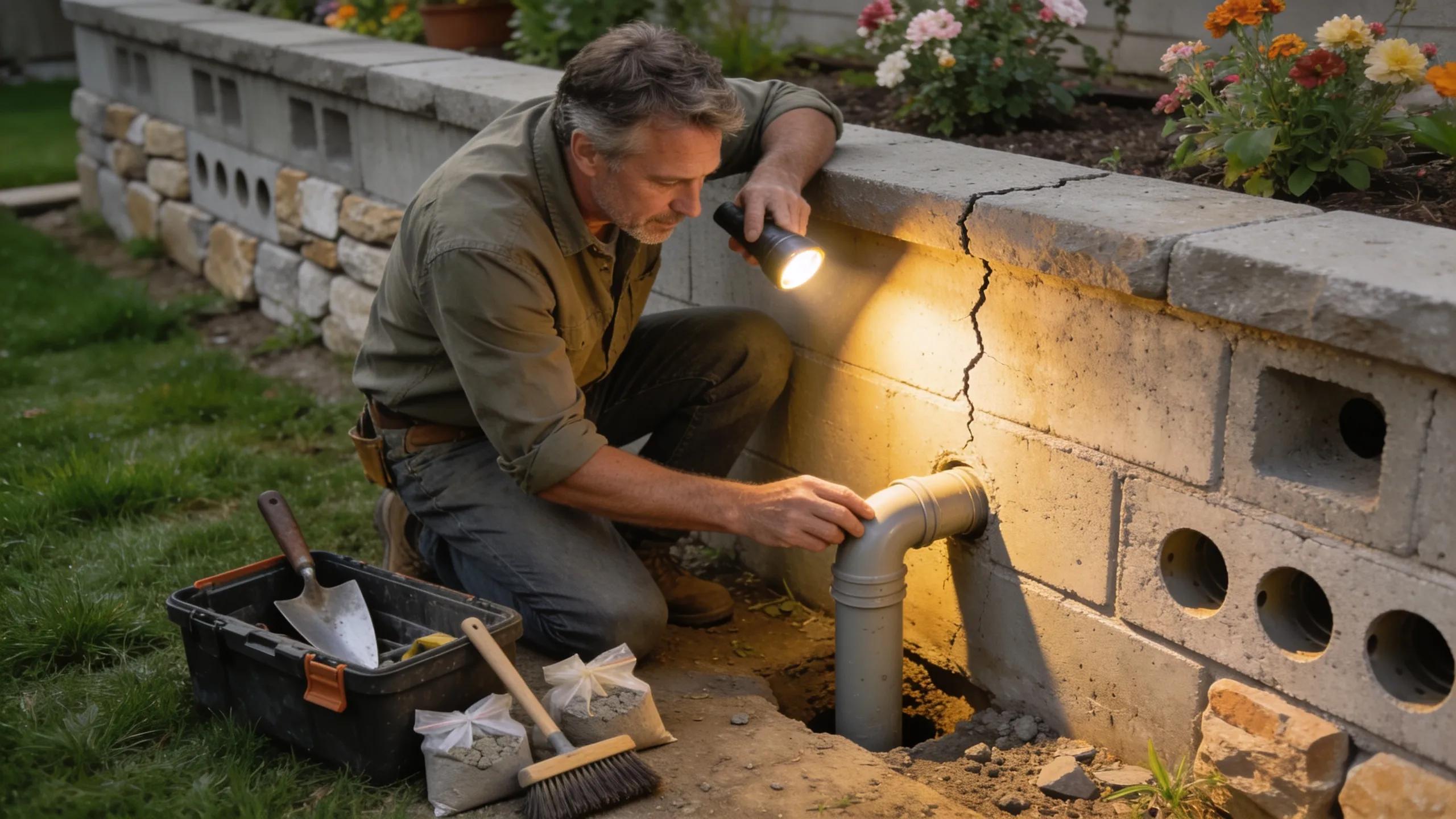 Homeowner inspecting and maintaining a retaining wall for longevity