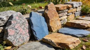Variety of wall stones including granite, bluestone, and fieldstone in a landscaped garden