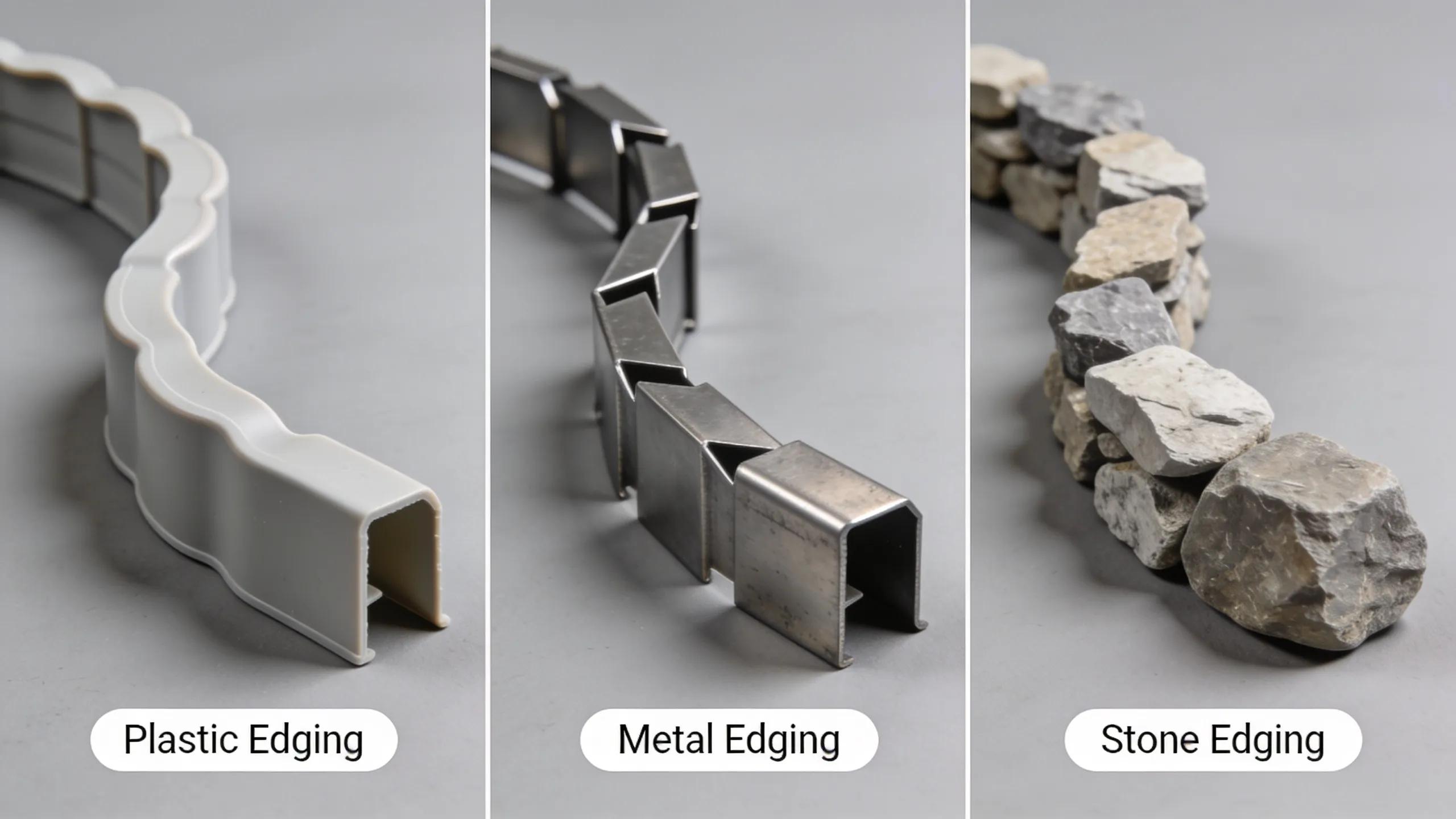 Different types of edge restraints including plastic, metal, and stone for patios