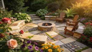 Paver patio with diverse stone types and surrounding landscaping, highlighting outdoor aesthetics
