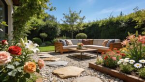 Decorative stone patio with lush greenery and cozy seating area