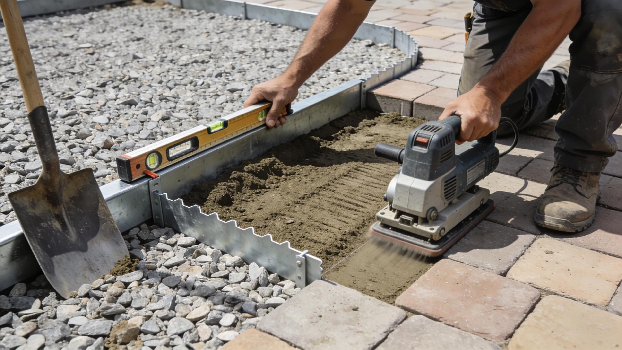 Contractor installing edge restraints for a paver patio, showcasing proper techniques