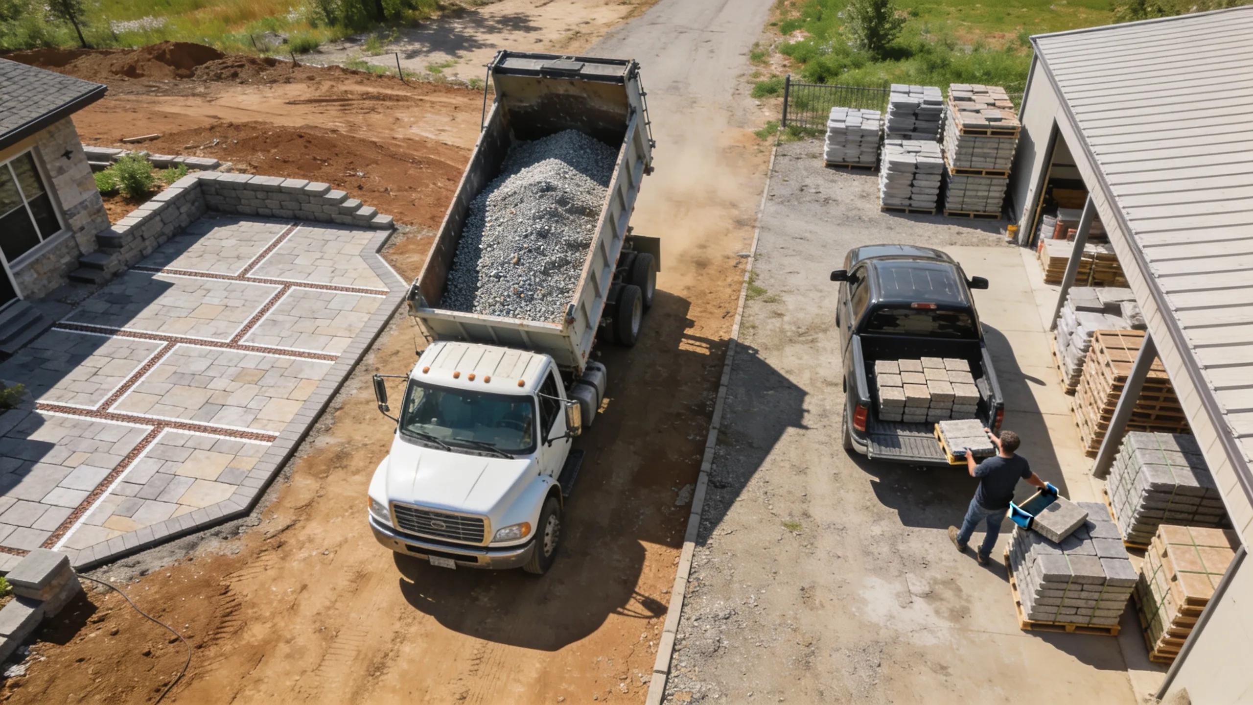 Delivery truck unloading bulk hardscape materials at a construction site