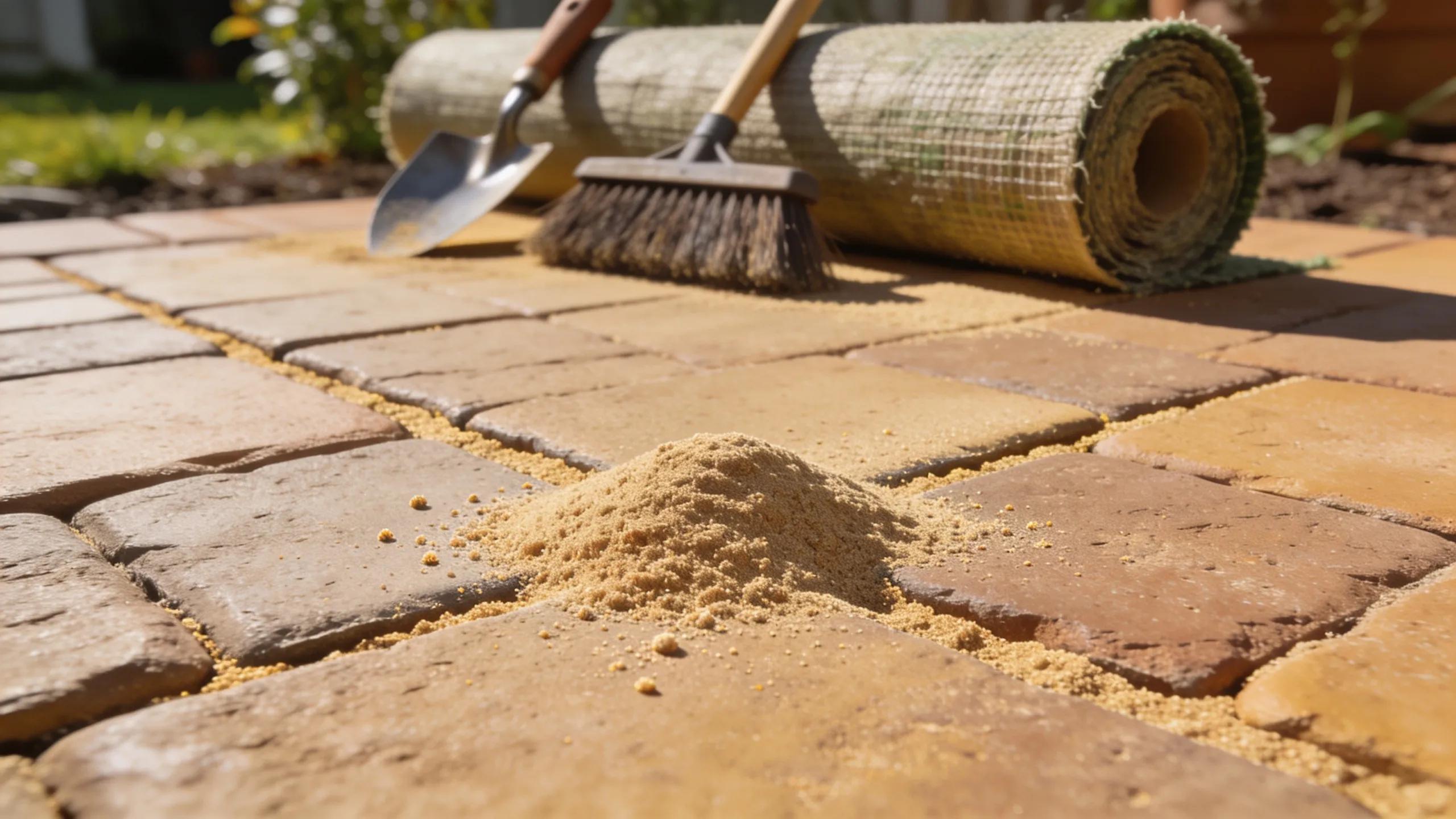 Close-up of polymeric sand application in paver joints, showcasing effective weed prevention techniques