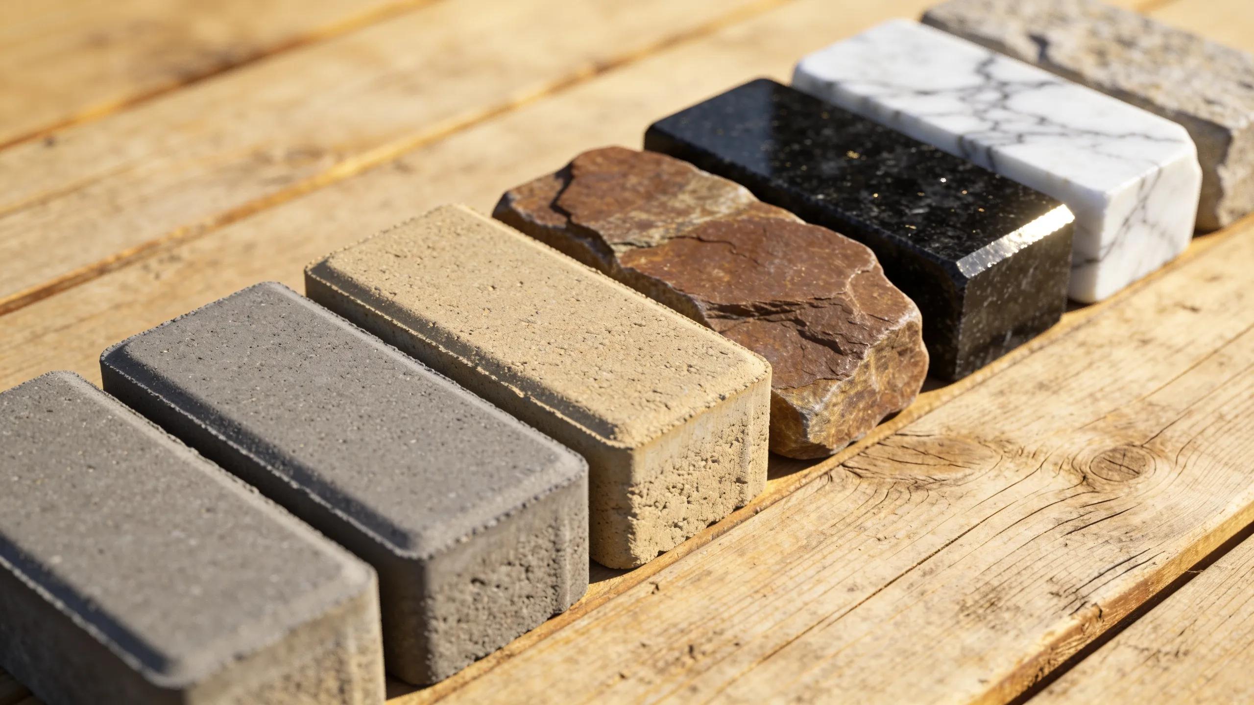 Variety of paver materials including concrete pavers and natural stones for patio construction