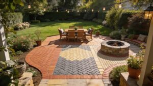 Beautiful paver patio with lush greenery and outdoor furniture, enhancing outdoor space aesthetics