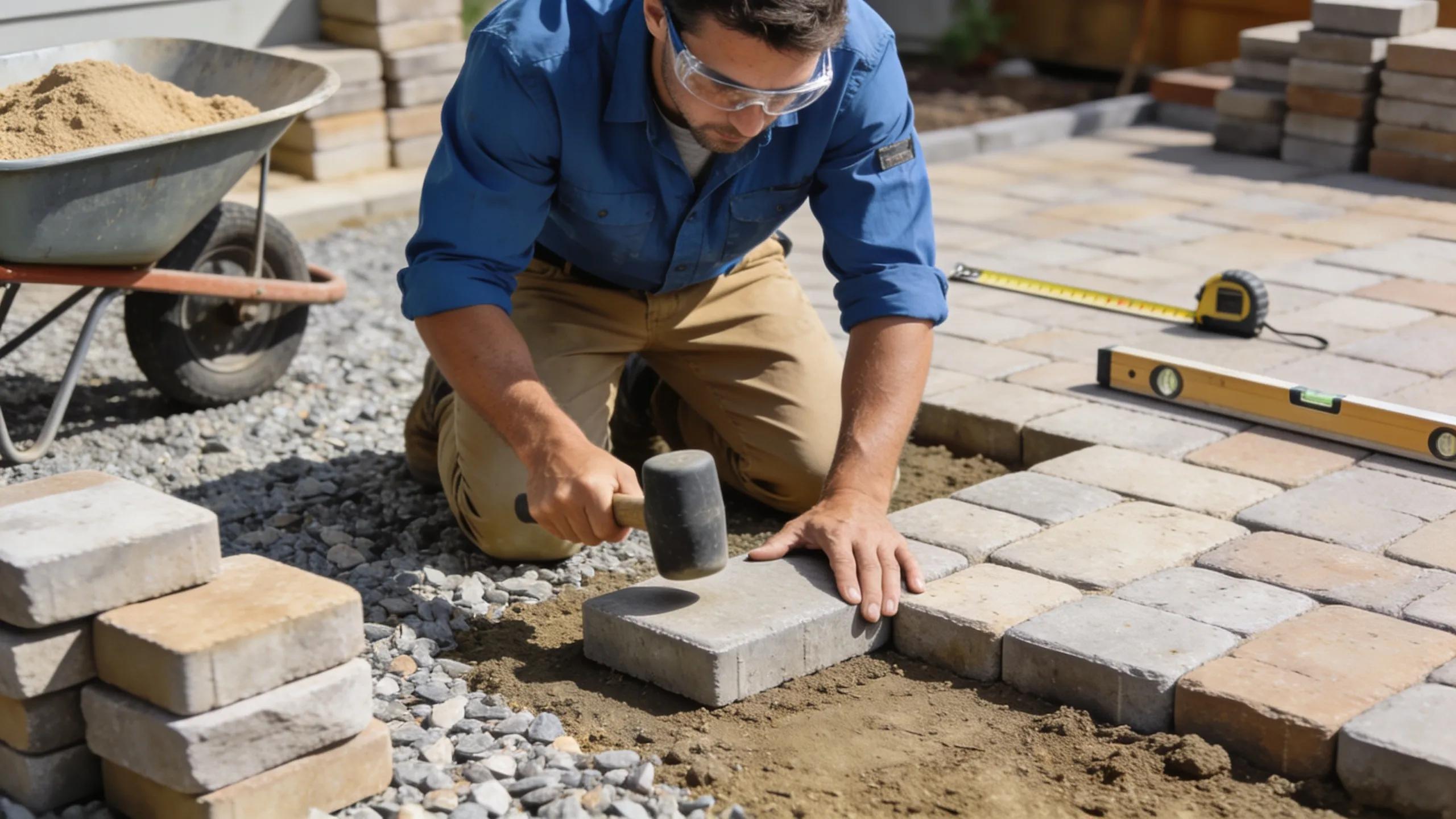 Professional contractor installing a paver patio, showcasing labor in action