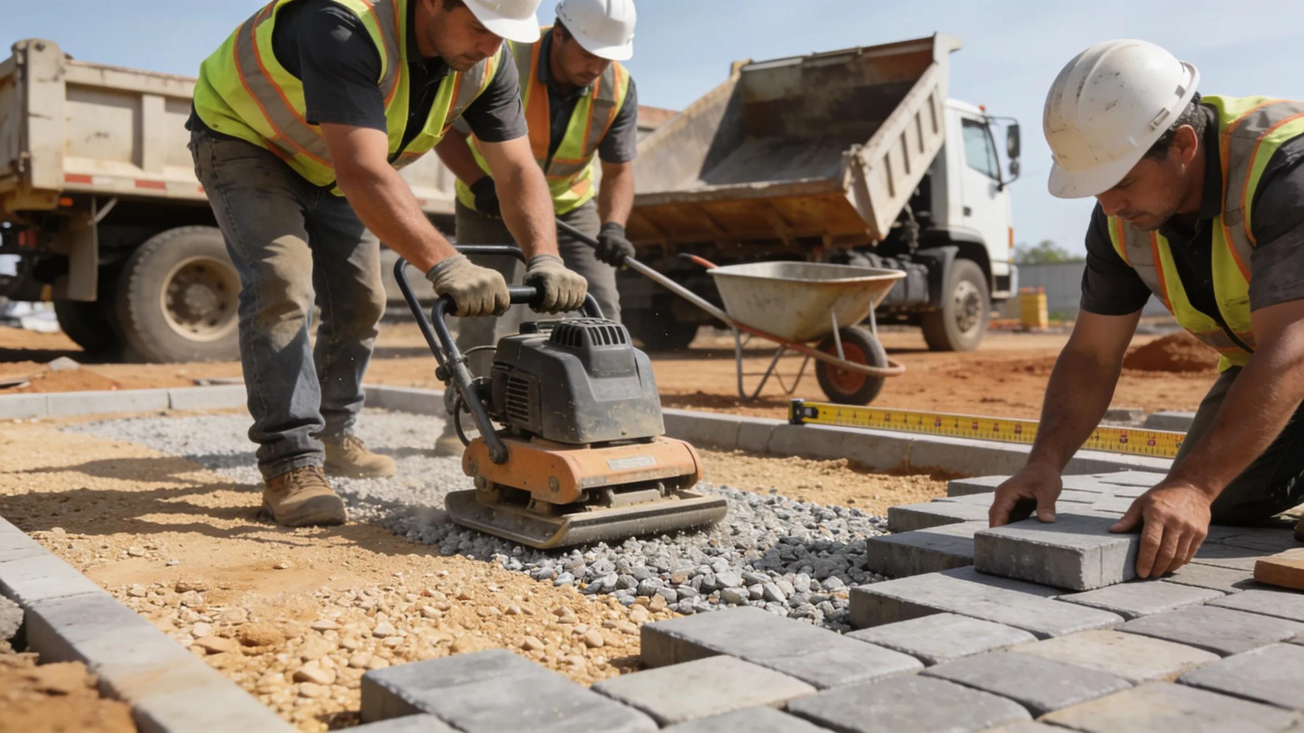 Workers preparing a stone base for paver patio installation, emphasizing the importance of stability